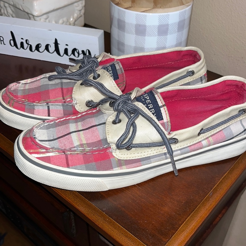 Sperry Red and Gray Plaid Top Sider Boat Shoes size 6.5 EUC